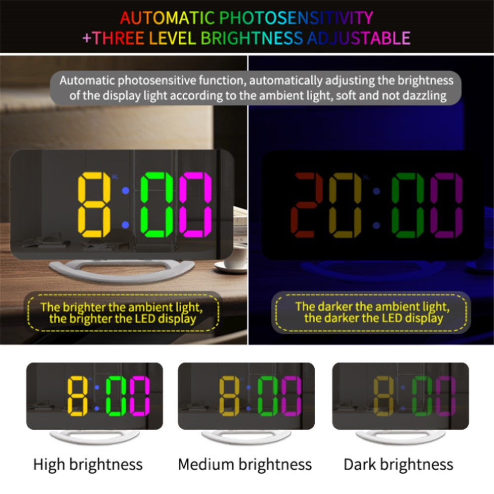 TS-8201 LED RGB Light Alarm Clock Mirror Surface Desktop Wall Hanging Clock with Dual USB Ports