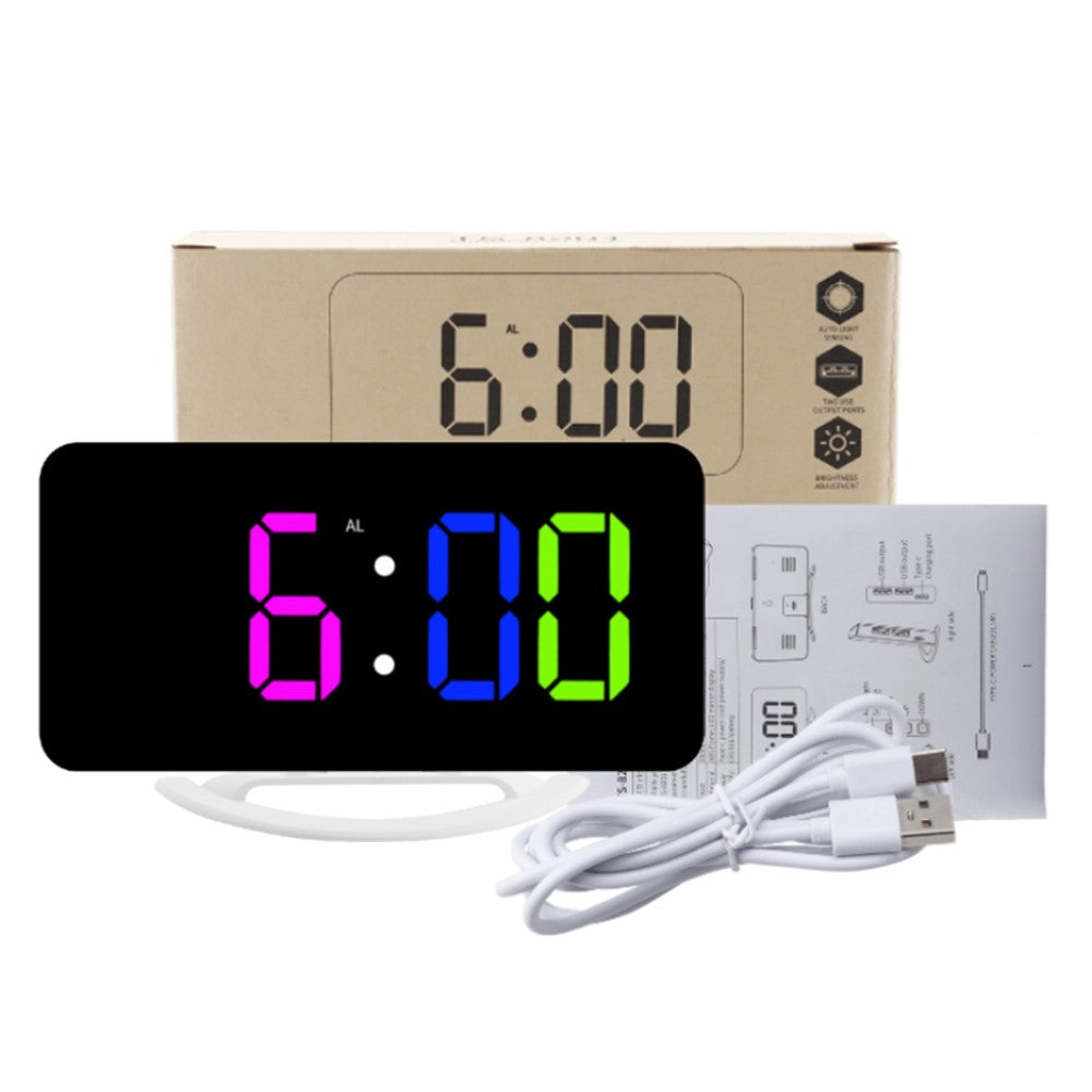 TS-8201 LED RGB Light Alarm Clock Mirror Surface Desktop Wall Hanging Clock with Dual USB Ports