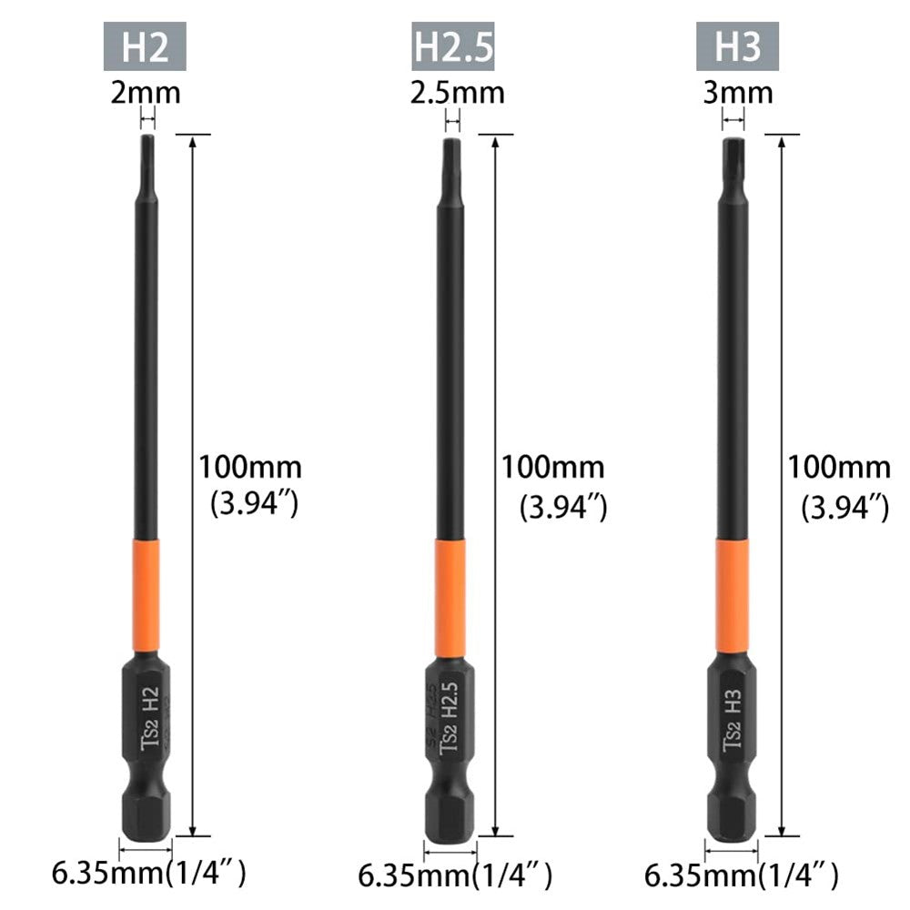 6PCS 100mm Hex Shank Screw Driver Bit Set H2, H2.5 H3 H4 H5 H6 TS2 Steel Magnetic Screwdriver Bits