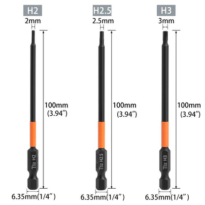 6PCS 100mm Hex Shank Screw Driver Bit Set H2, H2.5 H3 H4 H5 H6 TS2 Steel Magnetic Screwdriver Bits