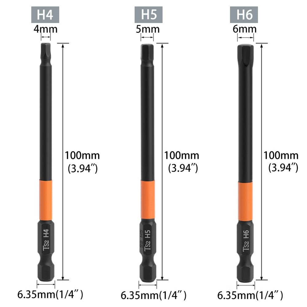 6PCS 100mm Hex Shank Screw Driver Bit Set H2, H2.5 H3 H4 H5 H6 TS2 Steel Magnetic Screwdriver Bits