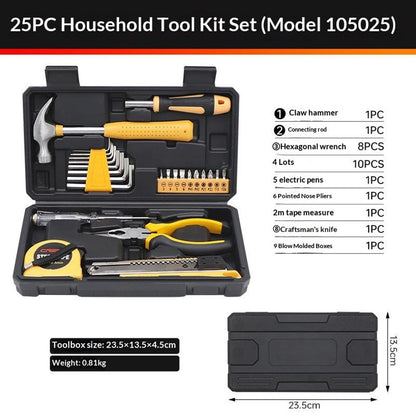 CREST 25Pcs Household Tool Kit Set with Hammer Pliers Hex Keys Screwdrivers for Home Repair