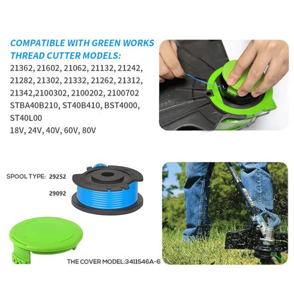 For Greenworks BST4000  /  ST40L00  /  2100702 6 Nylon Rope Spool + 1 Lawn Mower Spool Cap, 29252&29092