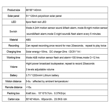N911N Solar Alarm Infrared Sensor Sound Light Flashing Warning Light Outdoor Speaker Support Recording Voice Broadcast