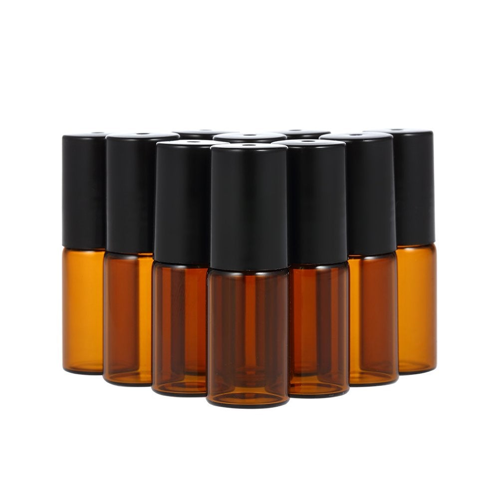 10Pcs 5ml Essential Oil Roller Bottle Stainless Steel Roller Ball Amber Glass Container with Dropper