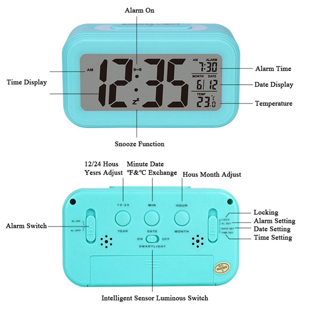 Battery Powered Digital LED Backlight Alarm Clock with Date Temperature Display