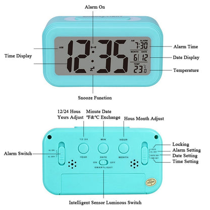 Battery Powered Digital LED Backlight Alarm Clock with Date Temperature Display