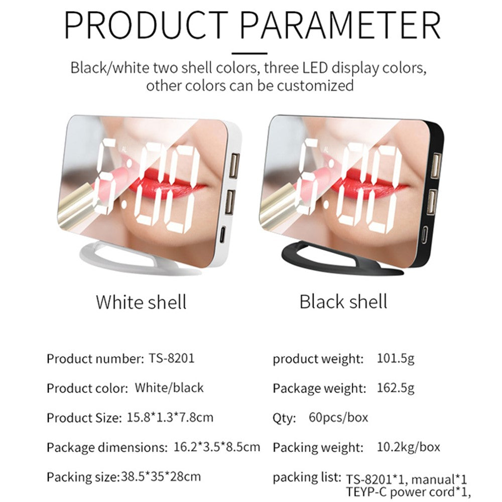 TS-8201 LED Mirror Digital Display Desk Clock Desktop Makeup Mirror Automatic Photosensitive Electronic Alarm Clock