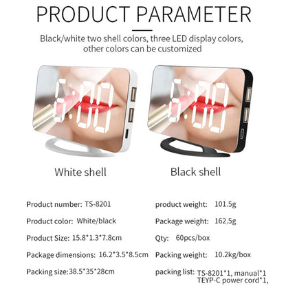 TS-8201 LED Mirror Digital Display Desk Clock Desktop Makeup Mirror Automatic Photosensitive Electronic Alarm Clock