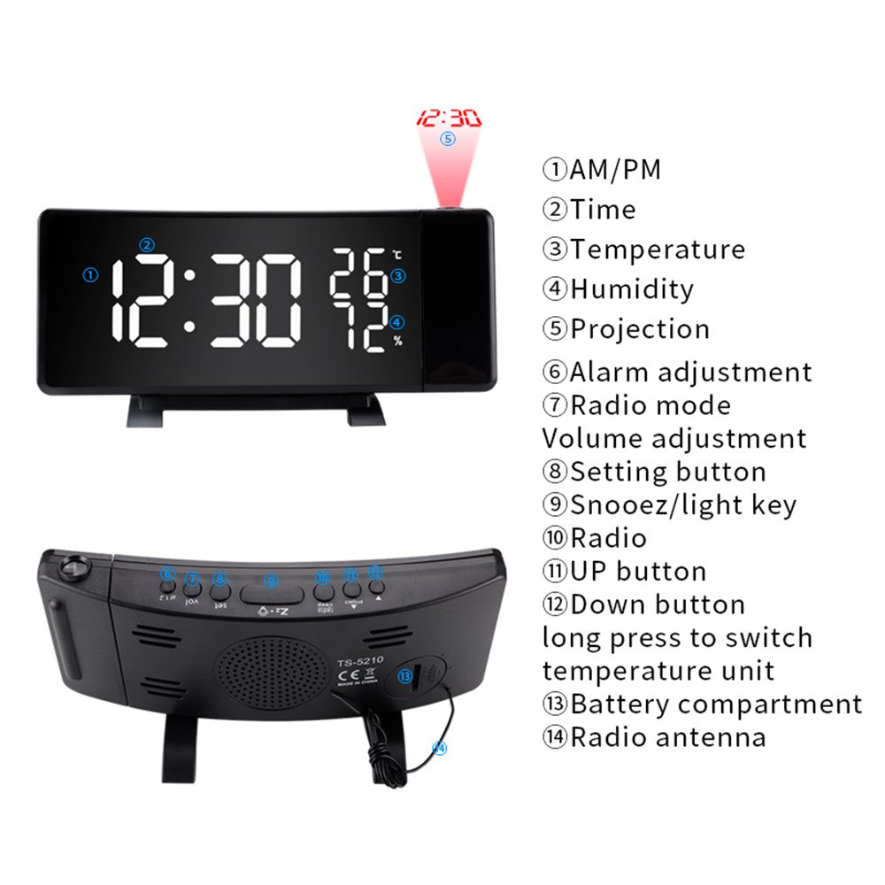 TS-5210 LED Digital Projection Alarm Clock FM Radio Time Projector Table Clock Temperature and Humidity Meter