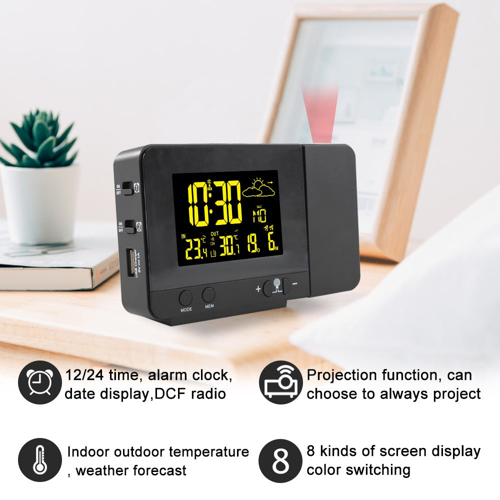 FJ3531B 8 Colors Screen Projection Weather Station Alarm Clock Indoor Outdoor Temperature Digital Clock With Snooze