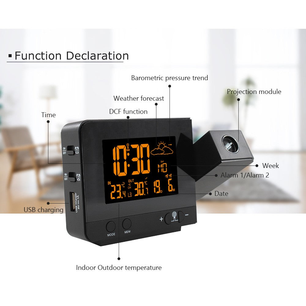 FJ3531B 8 Colors Screen Projection Weather Station Alarm Clock Indoor Outdoor Temperature Digital Clock With Snooze