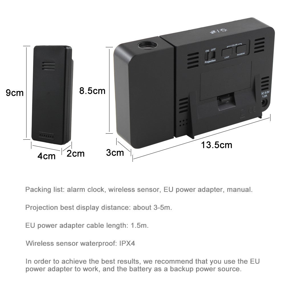 FJ3531B 8 Colors Screen Projection Weather Station Alarm Clock Indoor Outdoor Temperature Digital Clock With Snooze