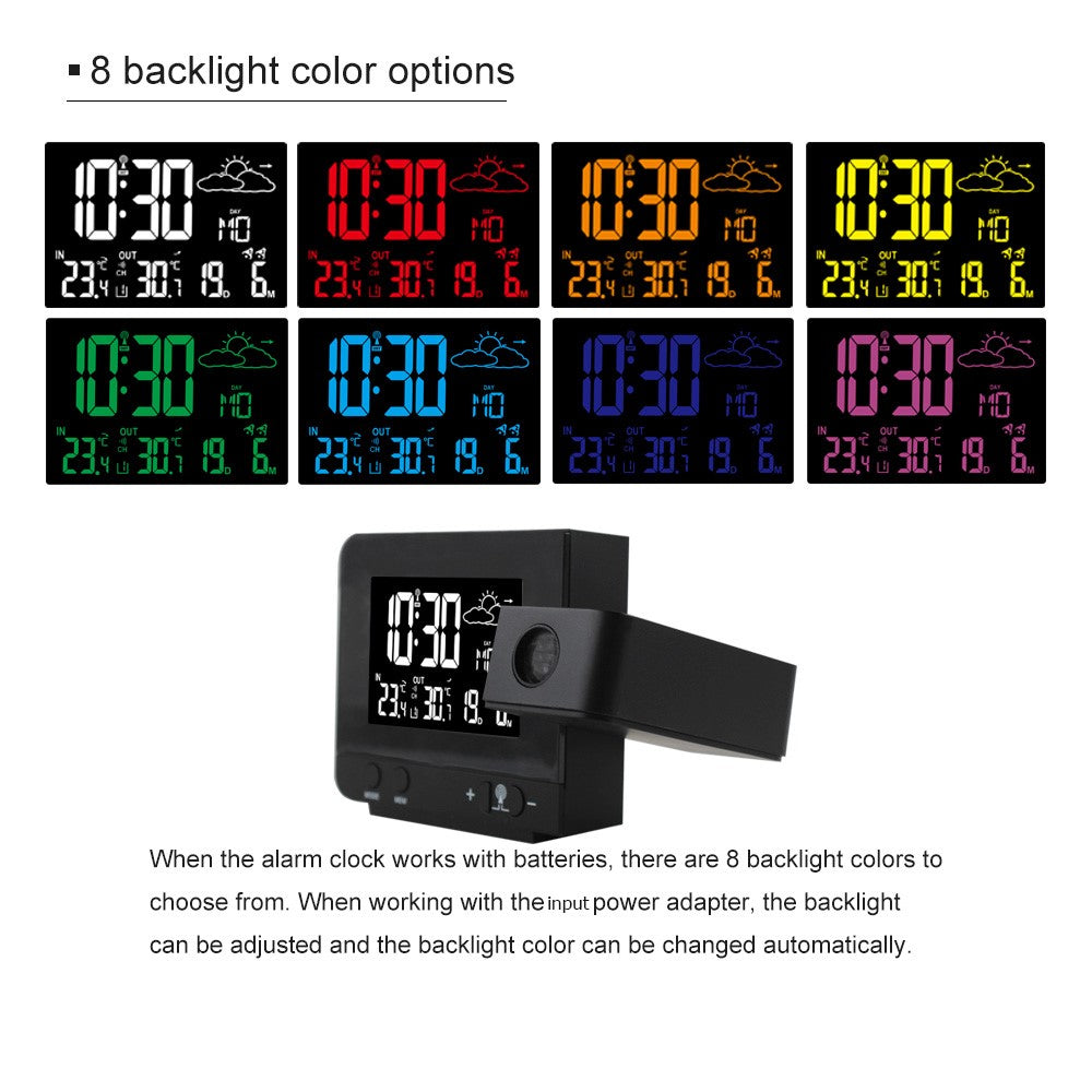 FJ3531B 8 Colors Screen Projection Weather Station Alarm Clock Indoor Outdoor Temperature Digital Clock With Snooze