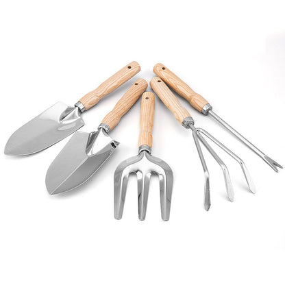 5Pcs Stainless Steel Gardening Tool Wooden Handle Fork Shovel Rake Set
