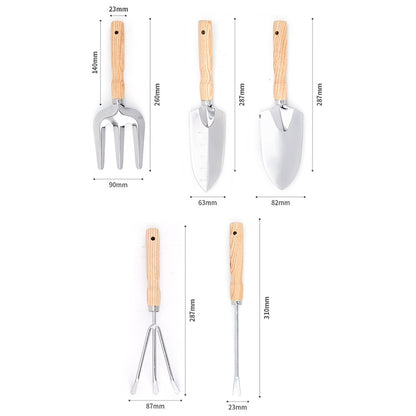 5Pcs Stainless Steel Gardening Tool Wooden Handle Fork Shovel Rake Set
