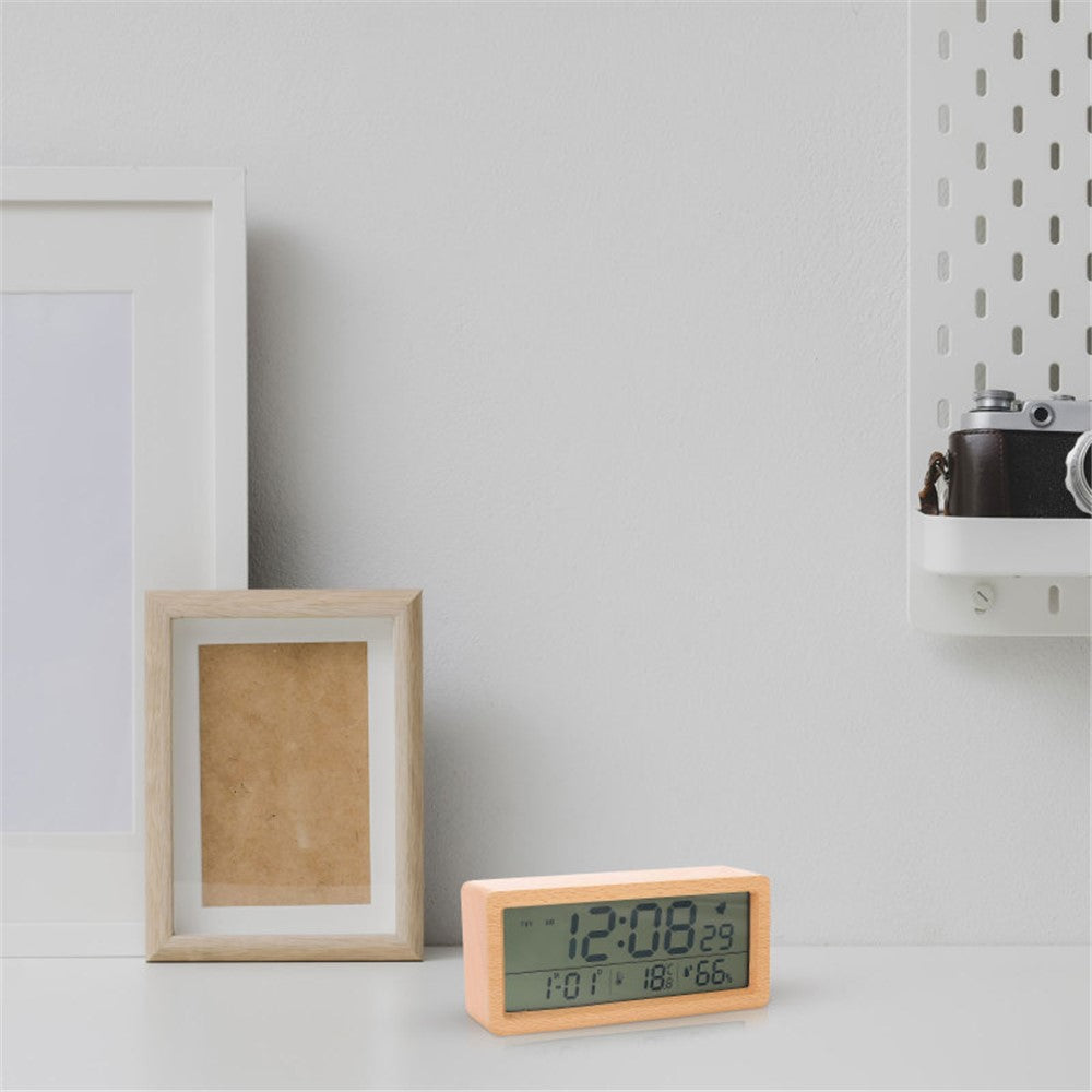 1906 Temperature and Humidity Luminous Alarm Clock Large LCD Screen Bedside Clock Creative Wooden Alarm Clock
