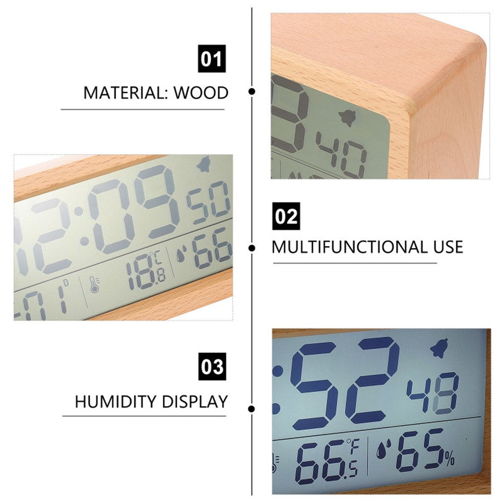 1906 Temperature and Humidity Luminous Alarm Clock Large LCD Screen Bedside Clock Creative Wooden Alarm Clock