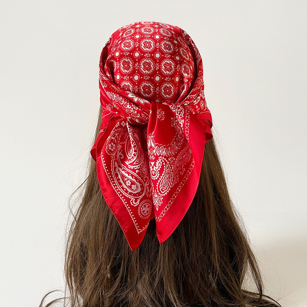 Women Summer Paisley Print Silk Scarf Multi-Purpose Square Scarf Lightweight Breathable Head Wrap