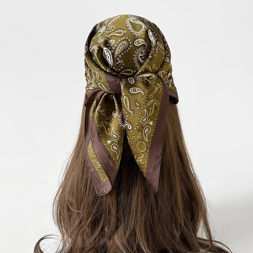 Women Summer Paisley Print Silk Scarf Multi-Purpose Square Scarf Lightweight Breathable Head Wrap