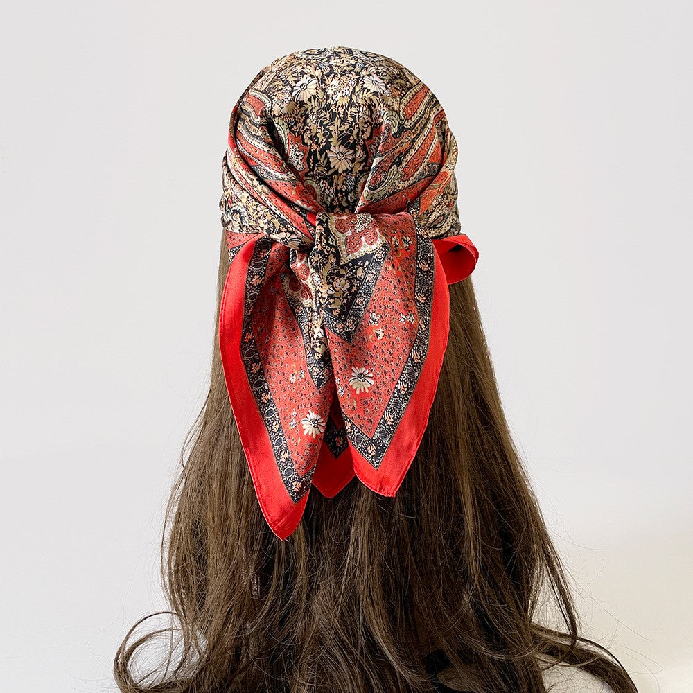 Women Summer Paisley Print Silk Scarf Multi-Purpose Square Scarf Lightweight Breathable Head Wrap
