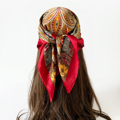 Women Summer Paisley Print Silk Scarf Multi-Purpose Square Scarf Lightweight Breathable Head Wrap