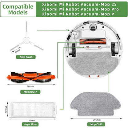 10Pcs / Set Replacement Parts Kit for Xiaomi Mijia Robot Vacuum Mop 2S (XMSTJQR2S) / STYJ02YM / 3C (B106CN) Main Brush HEPA Filter Mop Cloth and Cleaning Brush