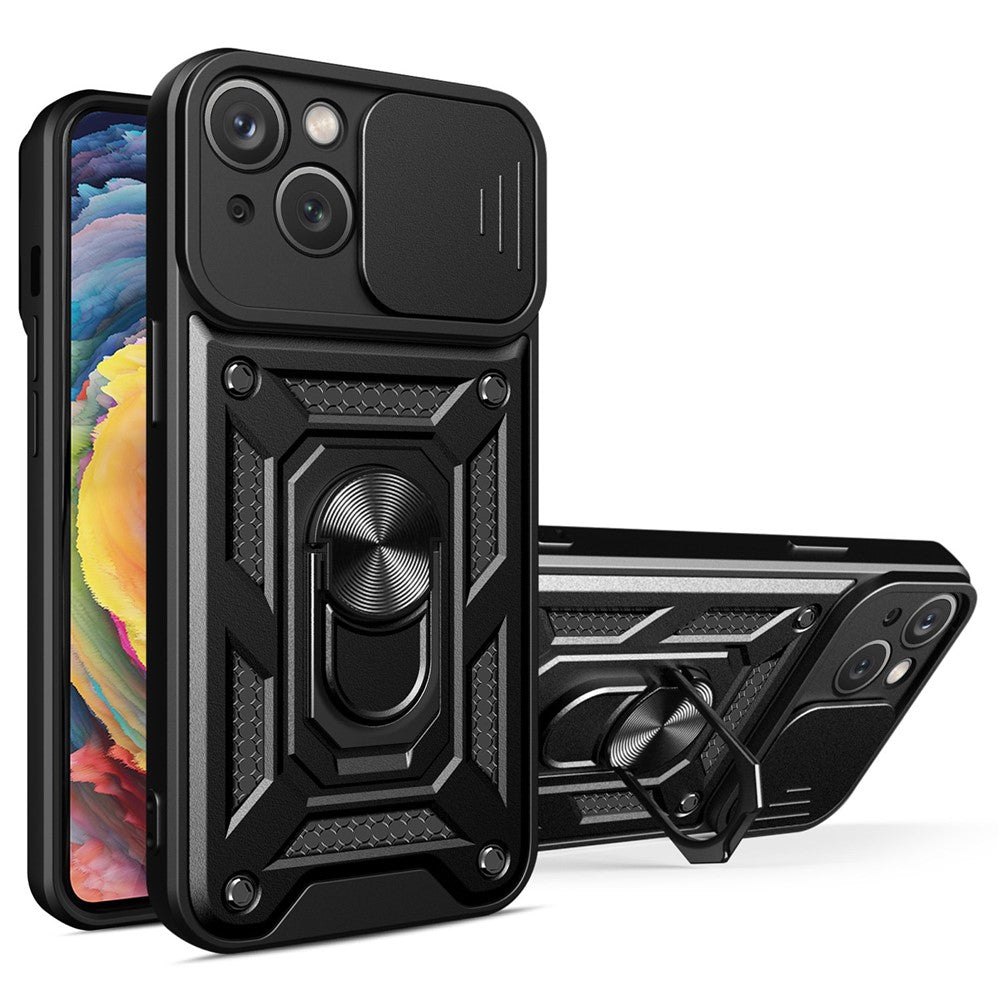 For iPhone 14 Plus 6.7 inch Anti-scratch Phone Cover Slide Camera Protection PC + TPU Ring Kickstand Cell Phone Case