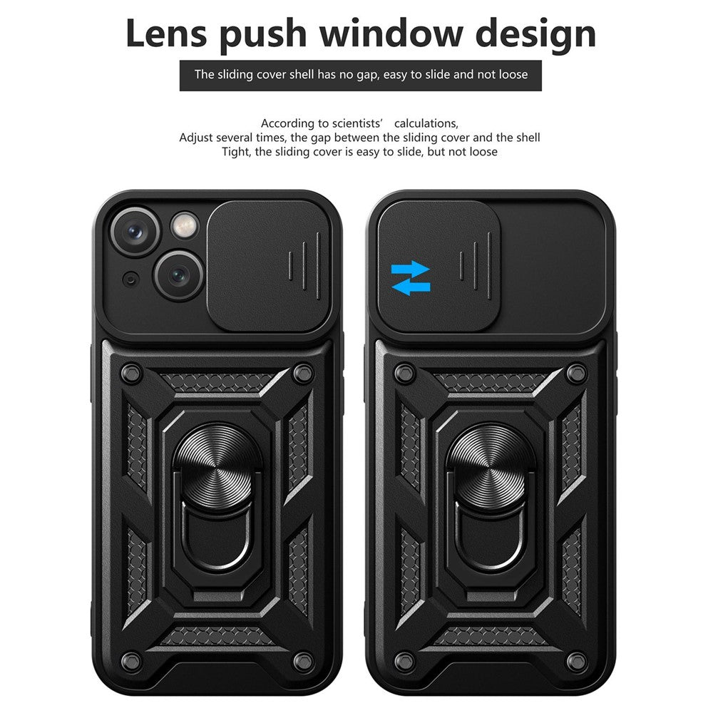 For iPhone 14 Plus 6.7 inch Anti-scratch Phone Cover Slide Camera Protection PC + TPU Ring Kickstand Cell Phone Case