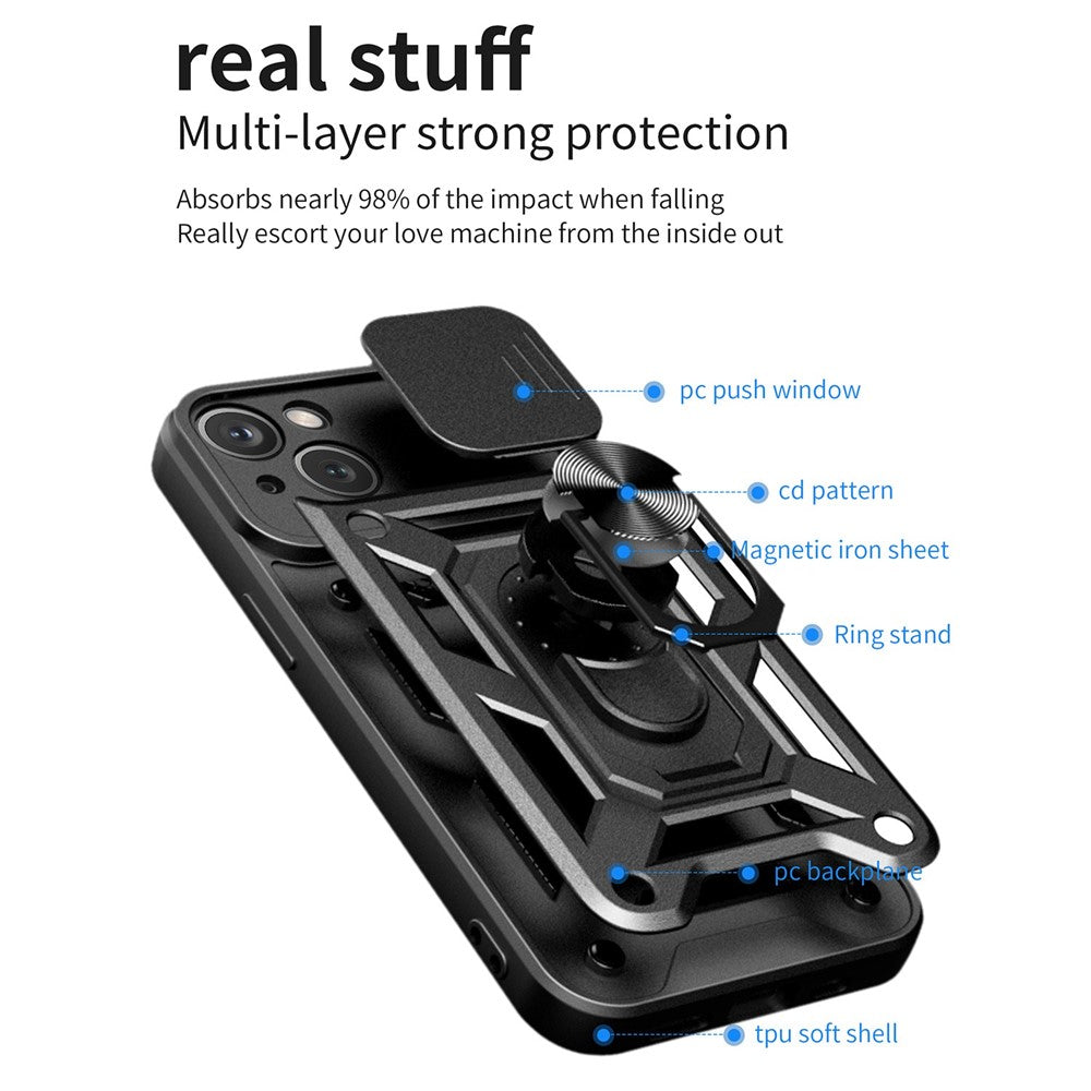 For iPhone 14 Plus 6.7 inch Anti-scratch Phone Cover Slide Camera Protection PC + TPU Ring Kickstand Cell Phone Case