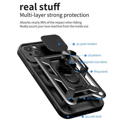 For iPhone 14 Plus 6.7 inch Anti-scratch Phone Cover Slide Camera Protection PC + TPU Ring Kickstand Cell Phone Case