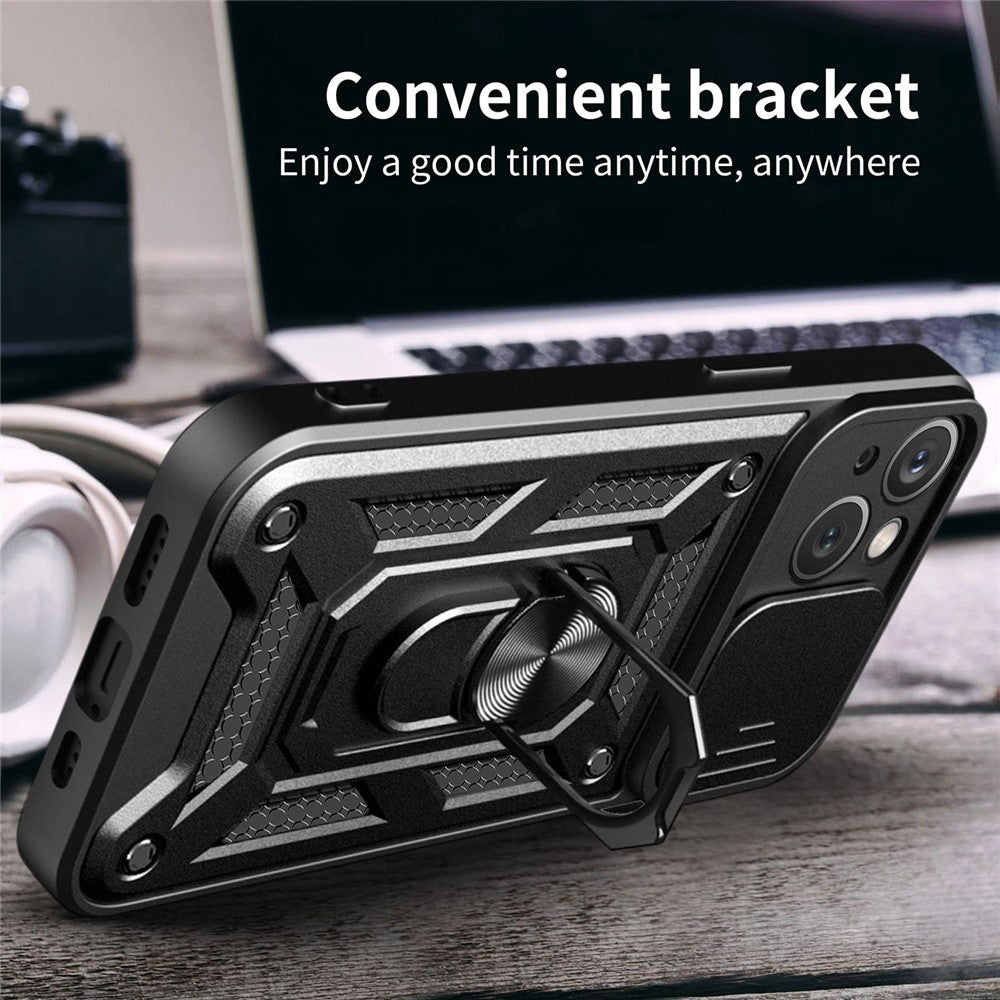For iPhone 14 Plus 6.7 inch Anti-scratch Phone Cover Slide Camera Protection PC + TPU Ring Kickstand Cell Phone Case