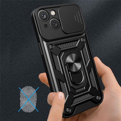 For iPhone 14 Plus 6.7 inch Anti-scratch Phone Cover Slide Camera Protection PC + TPU Ring Kickstand Cell Phone Case