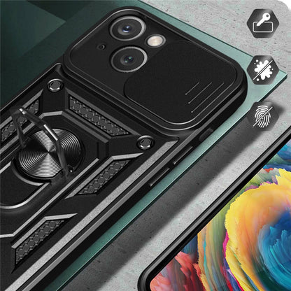For iPhone 14 Plus 6.7 inch Anti-scratch Phone Cover Slide Camera Protection PC + TPU Ring Kickstand Cell Phone Case