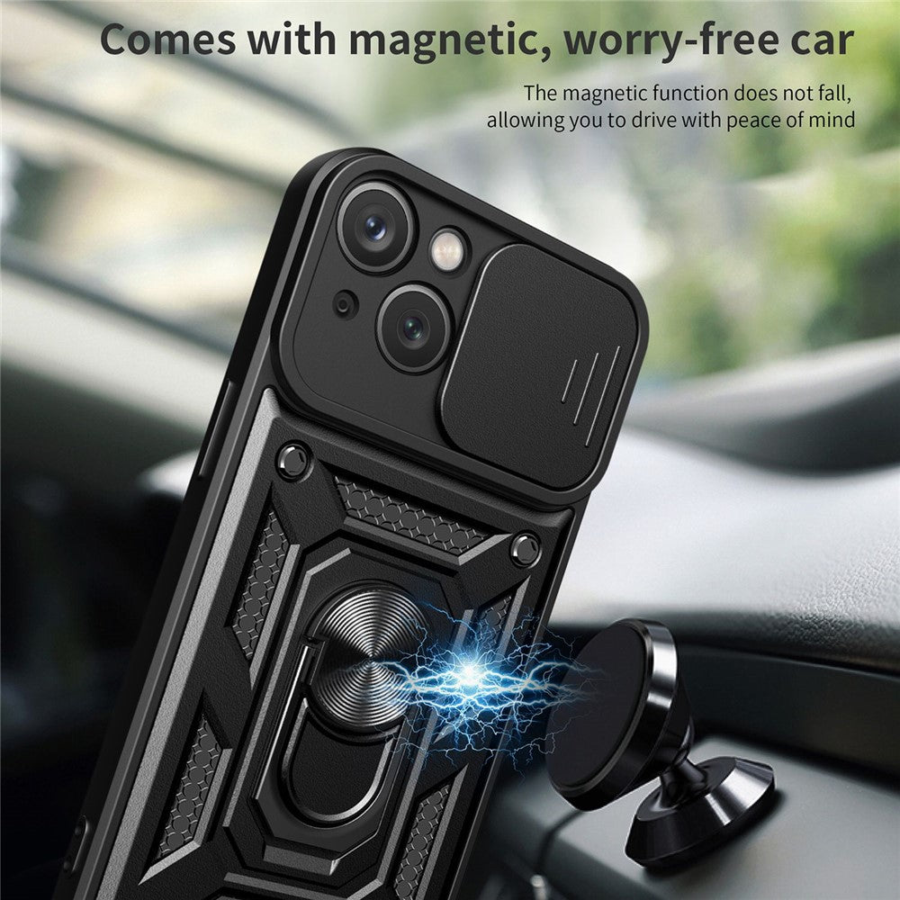 For iPhone 14 Plus 6.7 inch Anti-scratch Phone Cover Slide Camera Protection PC + TPU Ring Kickstand Cell Phone Case