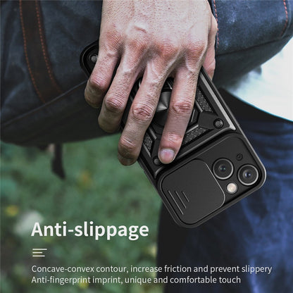 For iPhone 14 Plus 6.7 inch Anti-scratch Phone Cover Slide Camera Protection PC + TPU Ring Kickstand Cell Phone Case