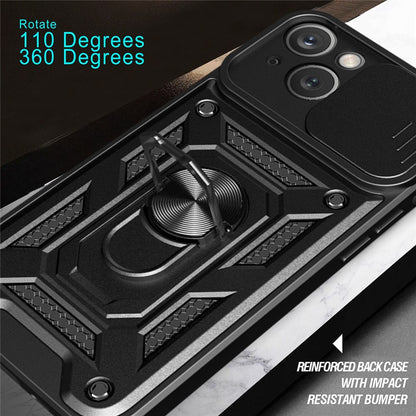 For iPhone 14 Plus 6.7 inch Anti-scratch Phone Cover Slide Camera Protection PC + TPU Ring Kickstand Cell Phone Case