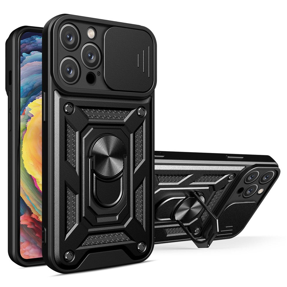 For iPhone 14 Pro Max 6.7 inch Anti-fingerprint Phone Shell Slide Camera Protection PC + TPU Ring Kickstand Anti-scratch Phone Cover Case