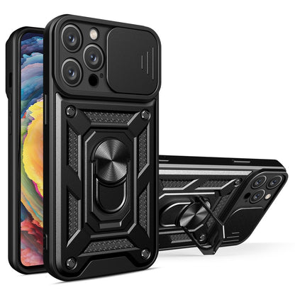 For iPhone 14 Pro Max 6.7 inch Anti-fingerprint Phone Shell Slide Camera Protection PC + TPU Ring Kickstand Anti-scratch Phone Cover Case