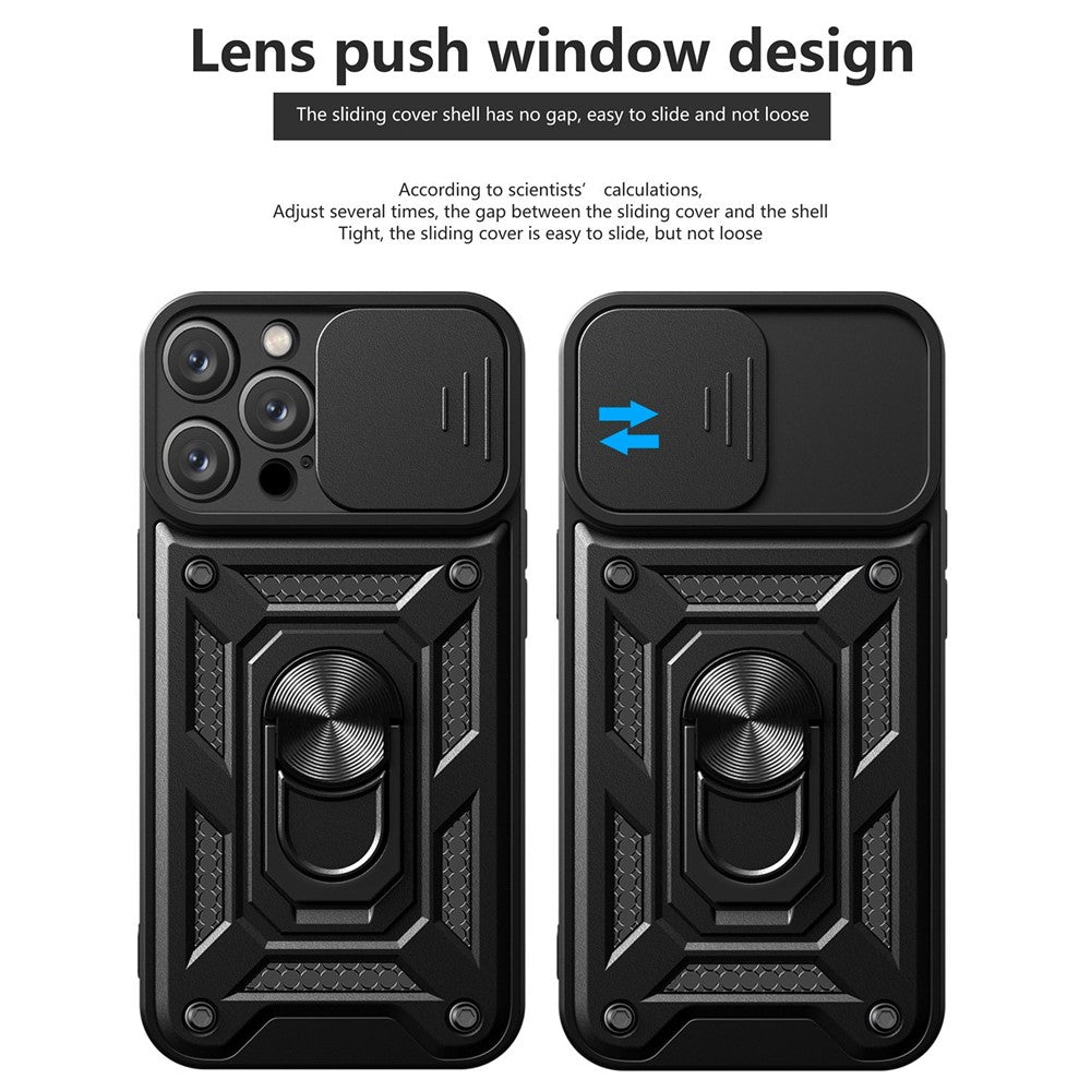 For iPhone 14 Pro Max 6.7 inch Anti-fingerprint Phone Shell Slide Camera Protection PC + TPU Ring Kickstand Anti-scratch Phone Cover Case