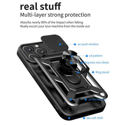 For iPhone 14 Pro Max 6.7 inch Anti-fingerprint Phone Shell Slide Camera Protection PC + TPU Ring Kickstand Anti-scratch Phone Cover Case
