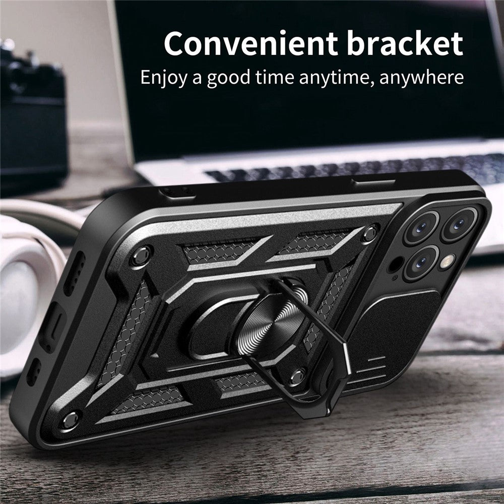 For iPhone 14 Pro Max 6.7 inch Anti-fingerprint Phone Shell Slide Camera Protection PC + TPU Ring Kickstand Anti-scratch Phone Cover Case