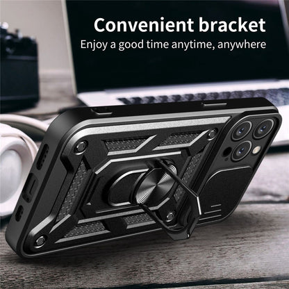For iPhone 14 Pro Max 6.7 inch Anti-fingerprint Phone Shell Slide Camera Protection PC + TPU Ring Kickstand Anti-scratch Phone Cover Case