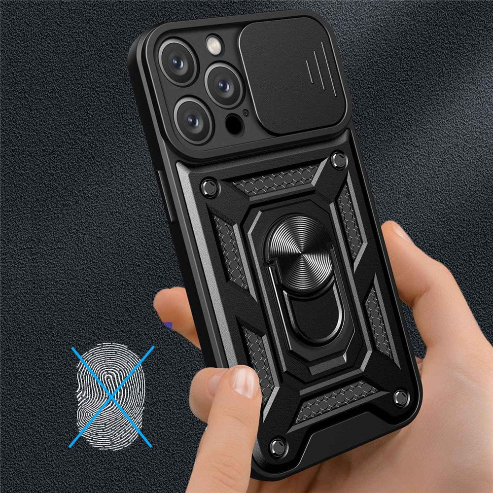 For iPhone 14 Pro Max 6.7 inch Anti-fingerprint Phone Shell Slide Camera Protection PC + TPU Ring Kickstand Anti-scratch Phone Cover Case