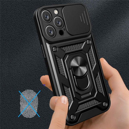 For iPhone 14 Pro Max 6.7 inch Anti-fingerprint Phone Shell Slide Camera Protection PC + TPU Ring Kickstand Anti-scratch Phone Cover Case