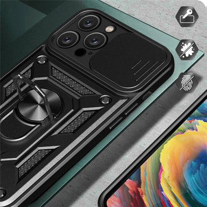 For iPhone 14 Pro Max 6.7 inch Anti-fingerprint Phone Shell Slide Camera Protection PC + TPU Ring Kickstand Anti-scratch Phone Cover Case