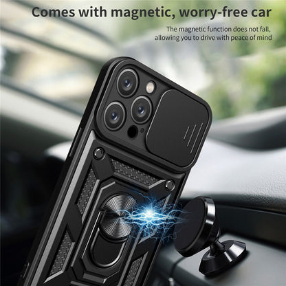 For iPhone 14 Pro Max 6.7 inch Anti-fingerprint Phone Shell Slide Camera Protection PC + TPU Ring Kickstand Anti-scratch Phone Cover Case