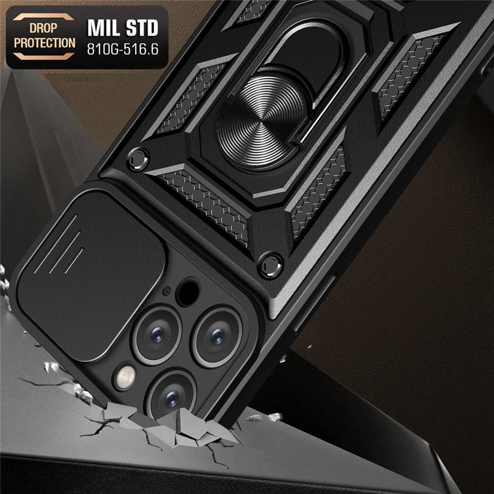 For iPhone 14 Pro Max 6.7 inch Anti-fingerprint Phone Shell Slide Camera Protection PC + TPU Ring Kickstand Anti-scratch Phone Cover Case