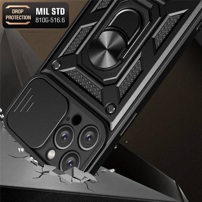 For iPhone 14 Pro Max 6.7 inch Anti-fingerprint Phone Shell Slide Camera Protection PC + TPU Ring Kickstand Anti-scratch Phone Cover Case