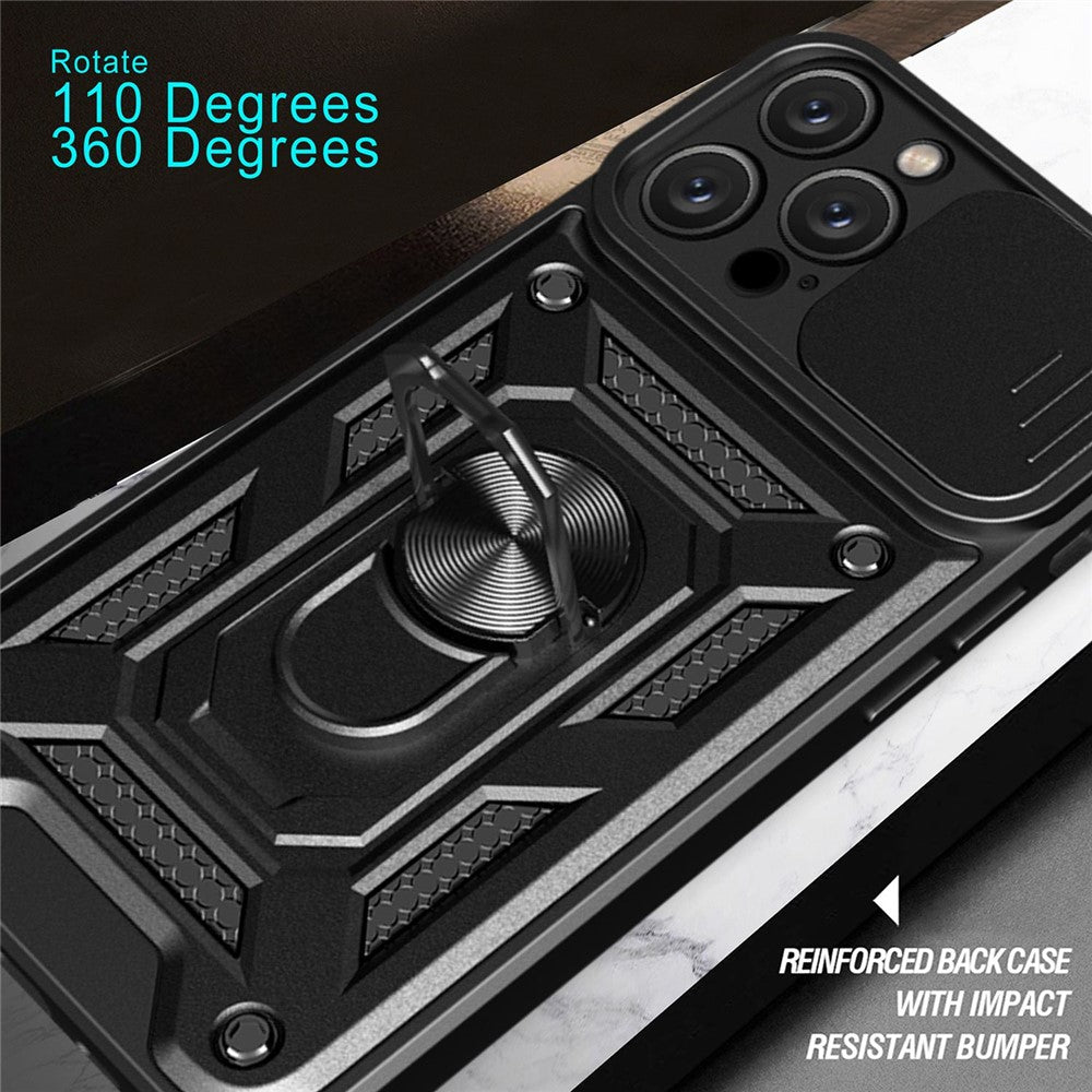 For iPhone 14 Pro Max 6.7 inch Anti-fingerprint Phone Shell Slide Camera Protection PC + TPU Ring Kickstand Anti-scratch Phone Cover Case